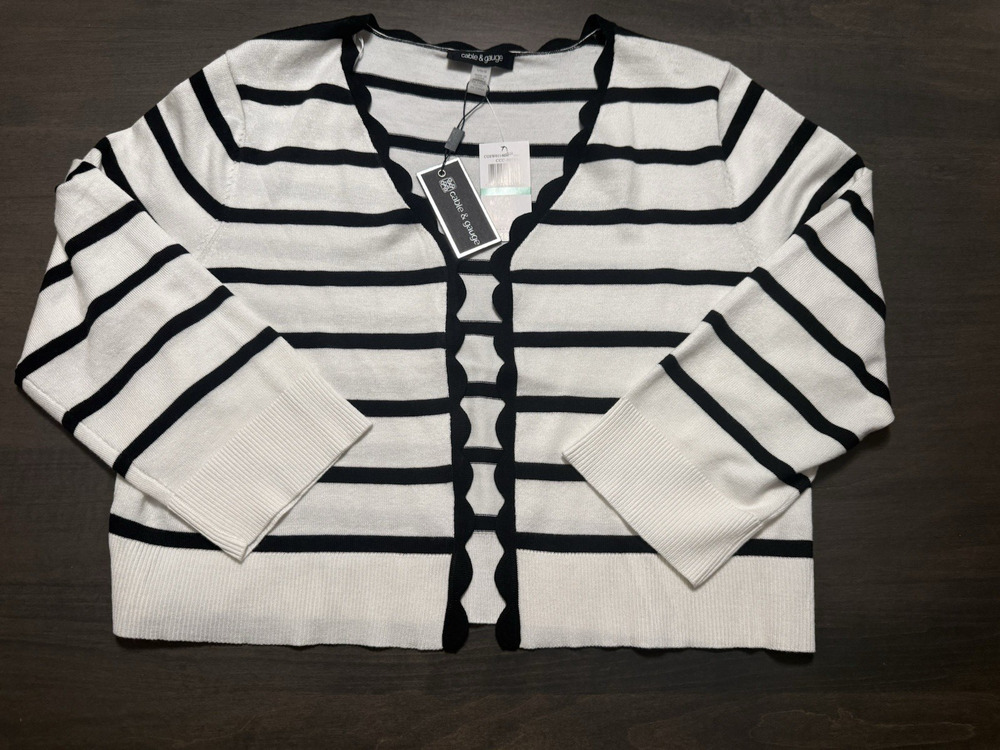Cable & Gauge Black White Stripe Open Front Scalloped Edge Cardigan Sweater Sz L